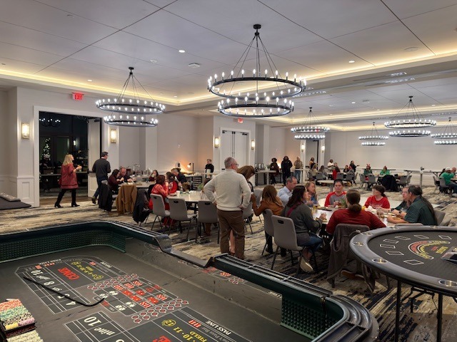 ballroom-casino-party-craps-blackjack-table-setup - The Main Event Company Craps and blackjack tables arranged for a ballroom casino party