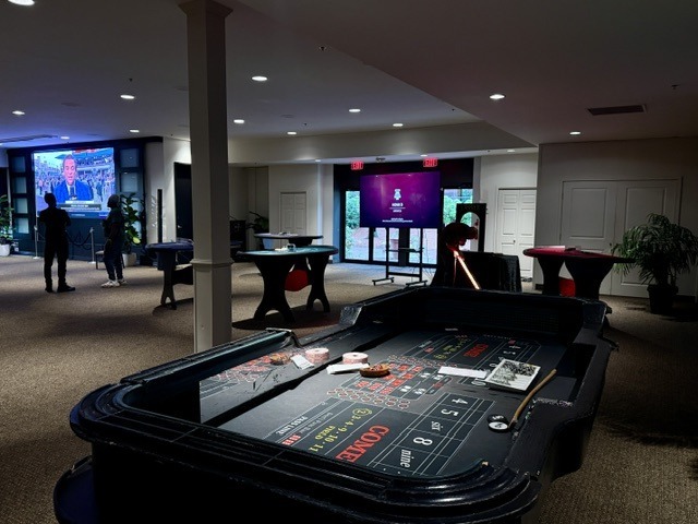 craps-table-rental-event-space-projection-screen - The Main Event Company Craps table and cocktail tables in an event space with projection screens