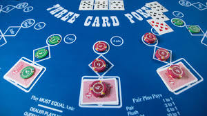 Three Card Poker table layout with cards and chips