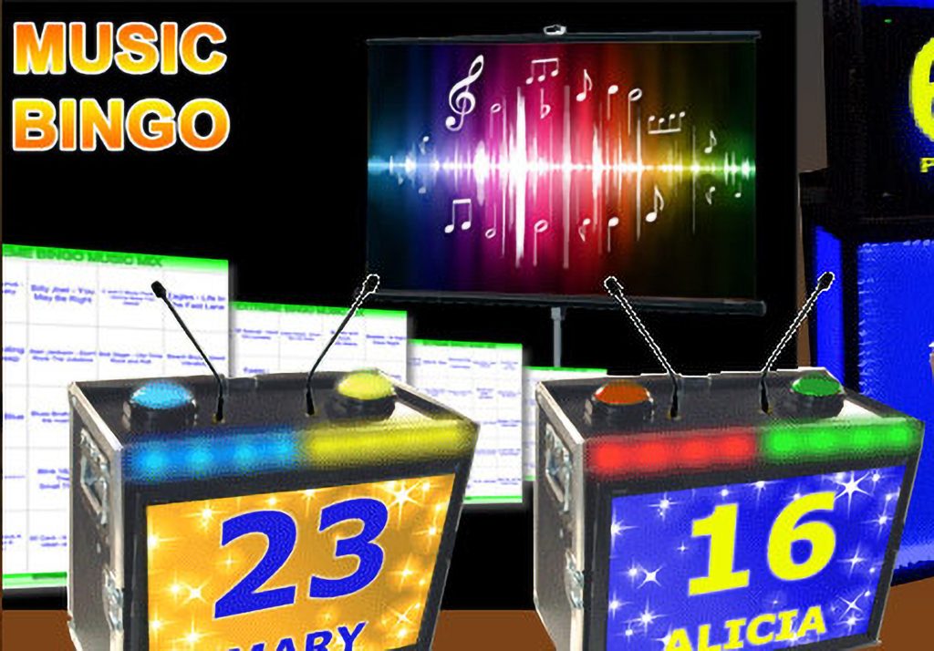 music-bingo-game-show-podiums - The Main Event Company Music bingo setup with illuminated game show podiums